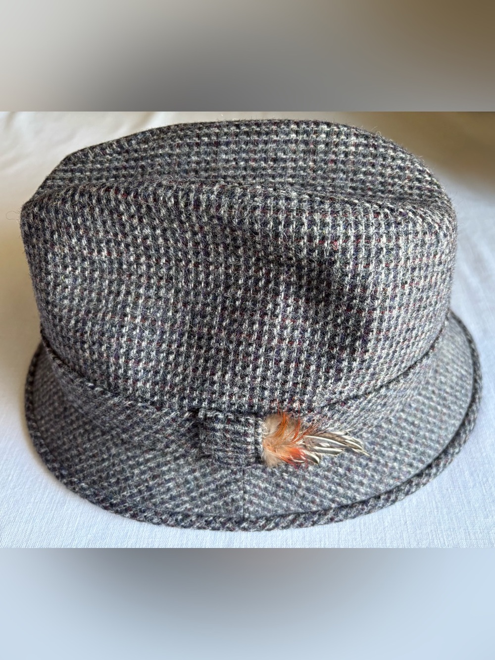 The Scotch House Gray Tweed 100% Wool Fedora with Feather Accent